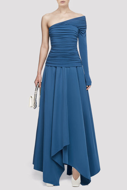 Harsian One Shoulder Draped Bustier Maxi Dress - Blue