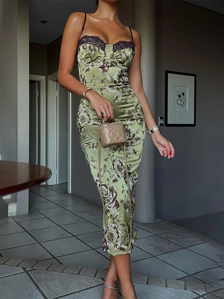 Floral Print Lace Trim Sweetheart Strapless Bodycon Midi Dress