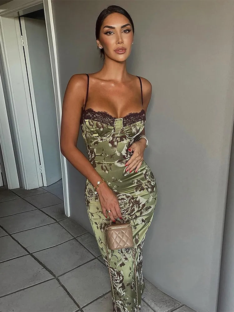 Floral Print Lace Trim Sweetheart Strapless Bodycon Midi Dress