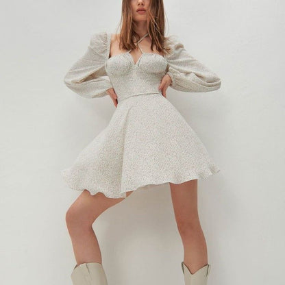 Sweetheart Neck Tie Front Puff Sleeve Floral Print A Line Mini Dress