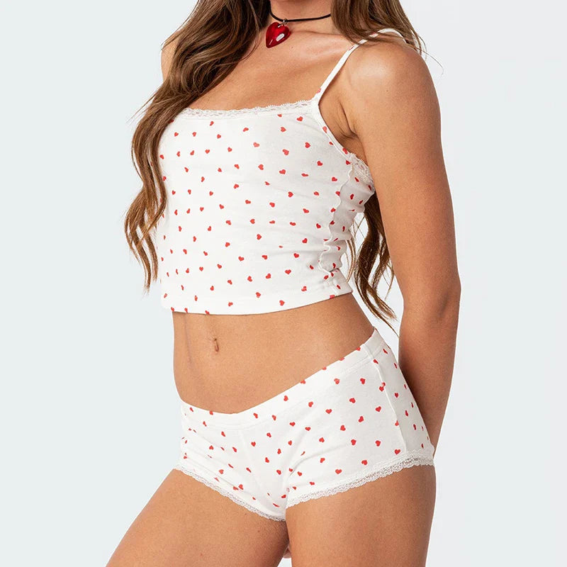 Heart Printed Kawaii Lace Trim Camis Micro Shorts Two Pieces Set