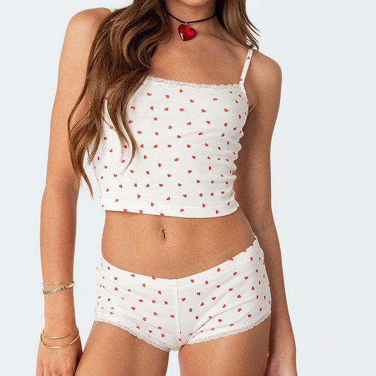 Heart Printed Kawaii Lace Trim Camis Micro Shorts Two Pieces Set