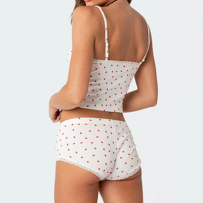 Heart Printed Kawaii Lace Trim Camis Micro Shorts Two Pieces Set