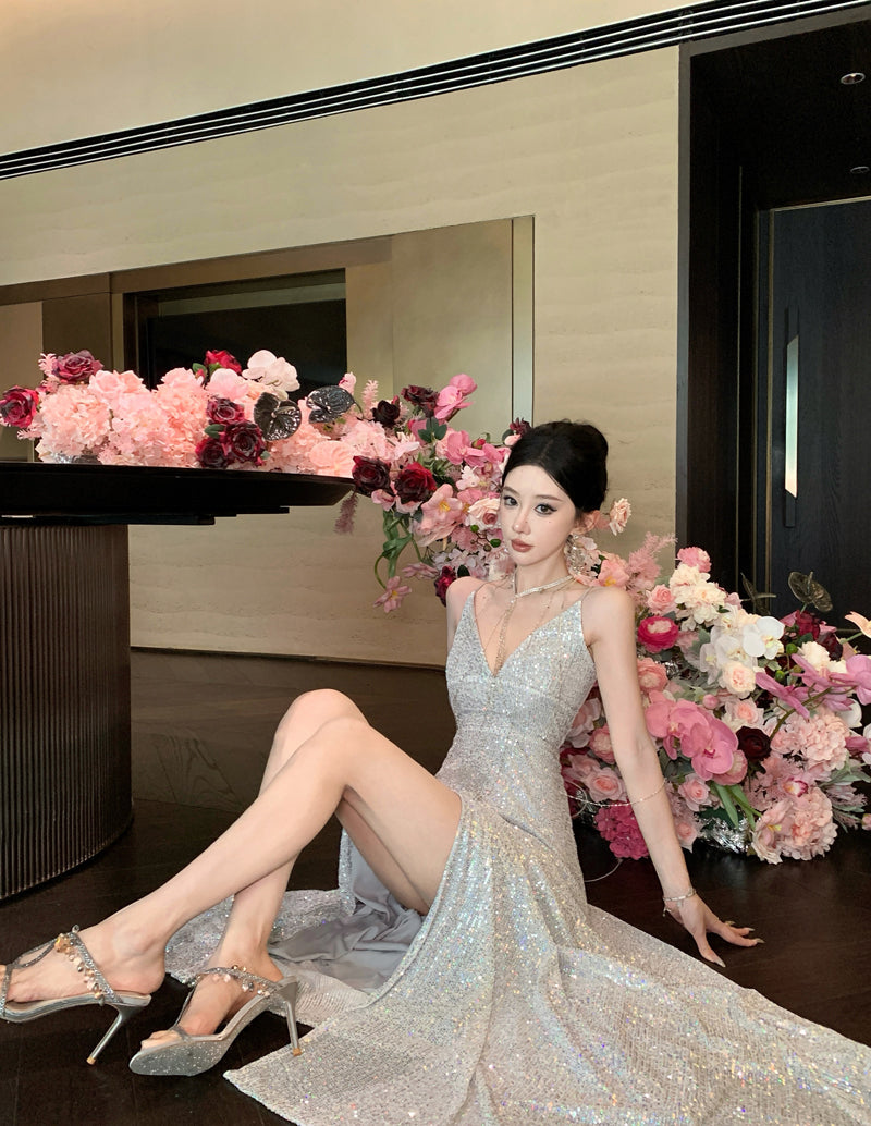 Sequin Silver Maxi Dress Stunning Birthday & Evening Gown