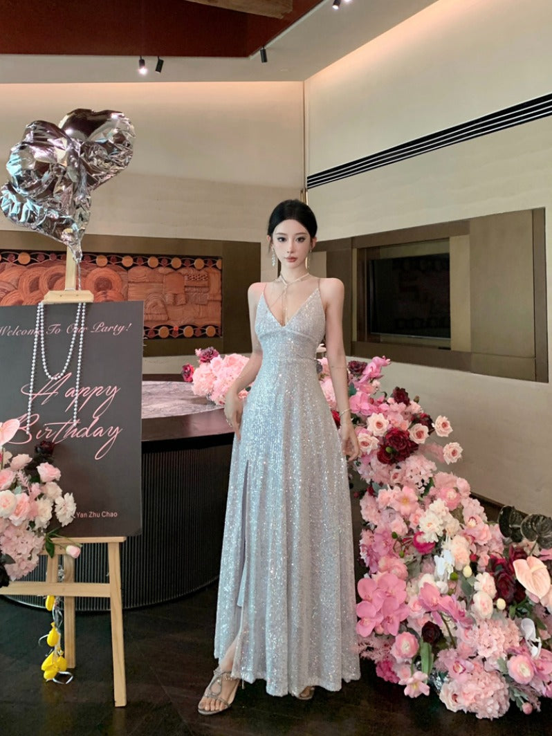 Sequin Silver Maxi Dress Stunning Birthday & Evening Gown
