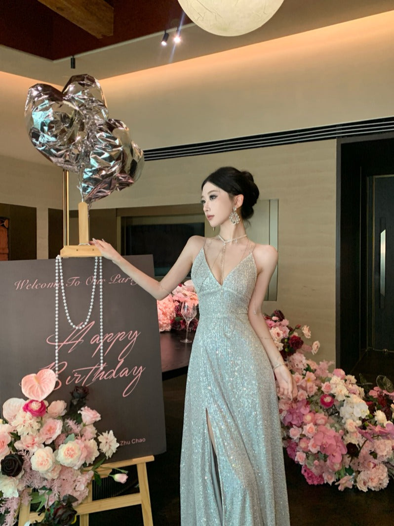 Sequin Blue Maxi Dress Stunning Birthday & Evening Gown