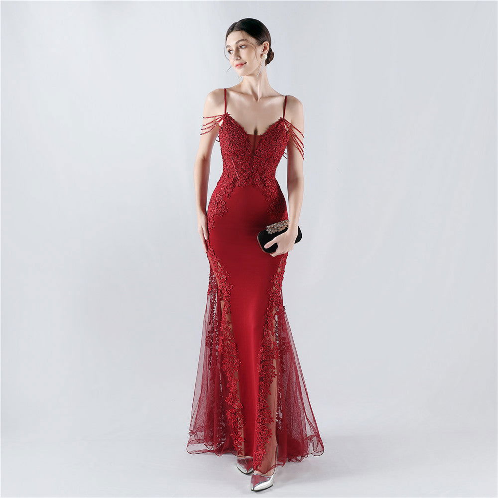 V Neck Floral Lace Beaded Fringe Cold Shoulder Mermaid Gown