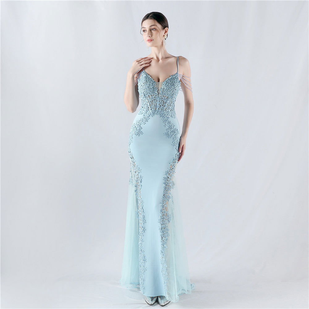 V Neck Floral Lace Beaded Fringe Cold Shoulder Mermaid Gown