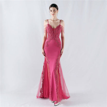 V Neck Floral Lace Beaded Fringe Cold Shoulder Mermaid Gown