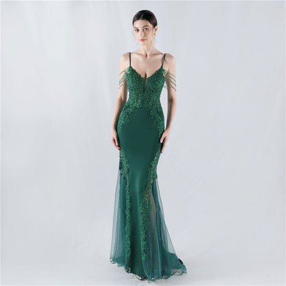 V Neck Floral Lace Beaded Fringe Cold Shoulder Mermaid Gown