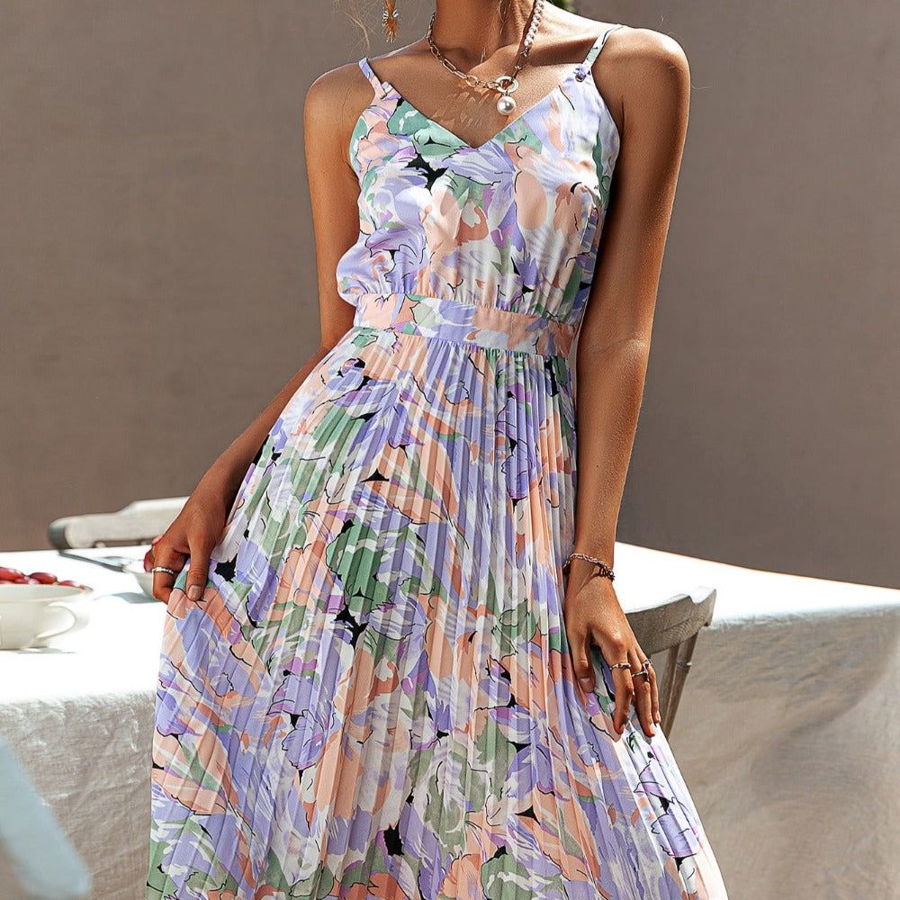 Botanical Floral Print V-Neck Spaghetti Strap Pleated Waistband Maxi Dress