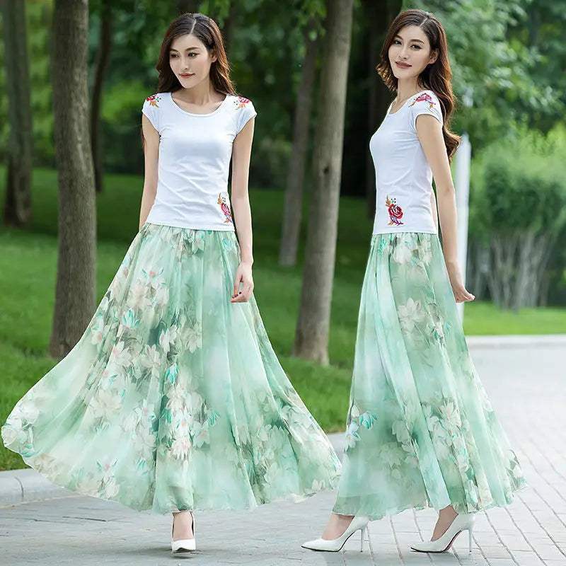 High Waist Elastic Waist Midi Full Long Skirt 2024