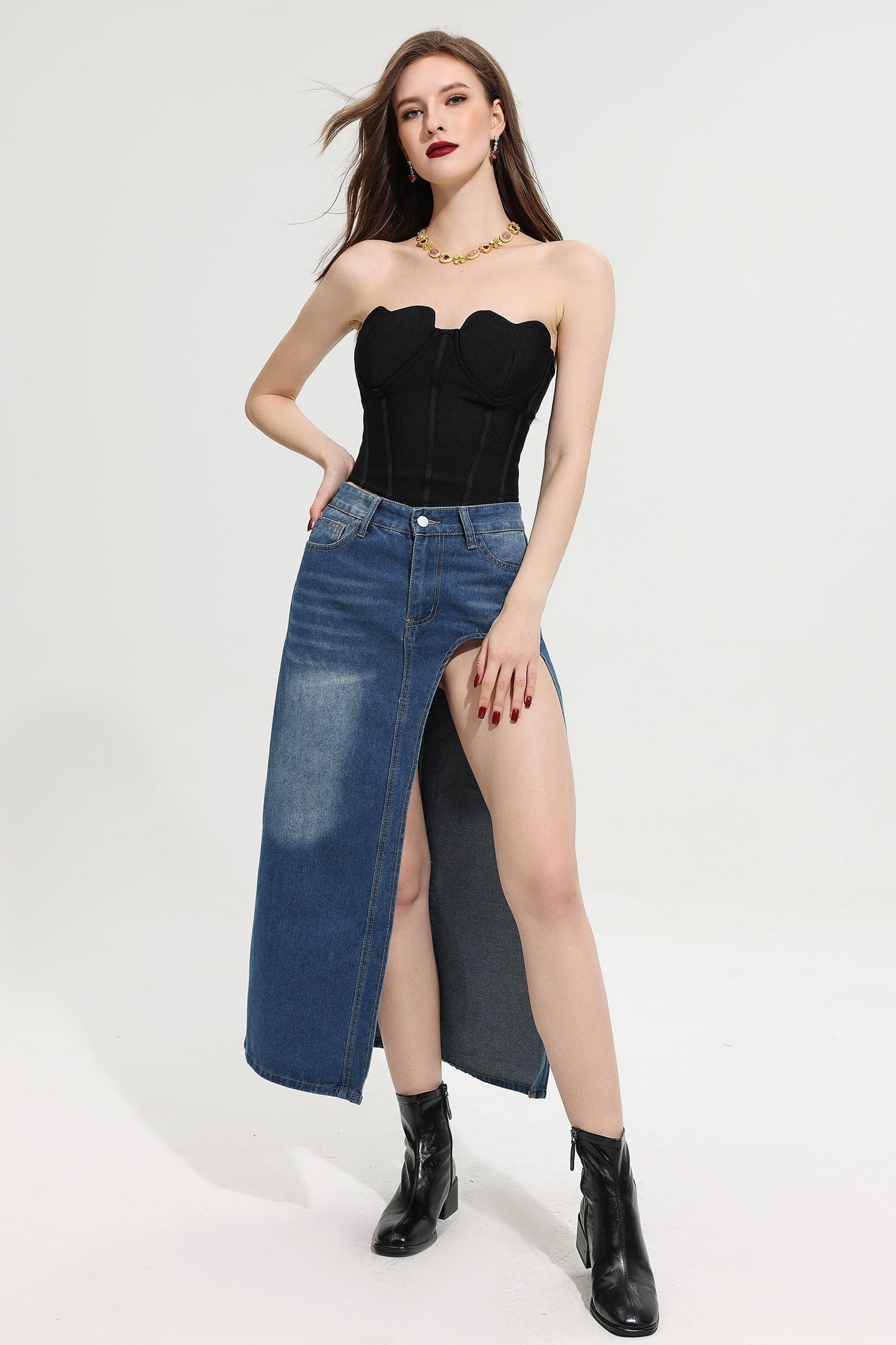 High Waist Split Denim Skirt
