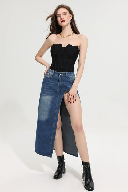 High Waist Split Denim Skirt