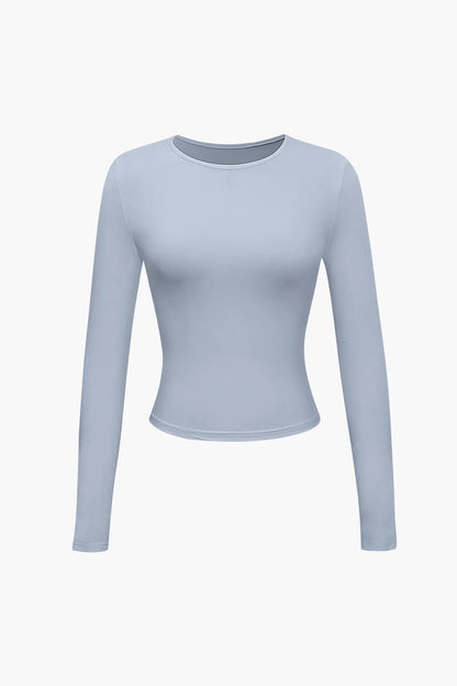 Hilia Blue Round Collar Long Sleeve Top