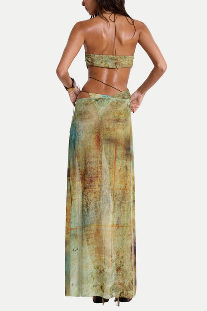 Himer Print Mesh Embellished Slit Maxi Dress