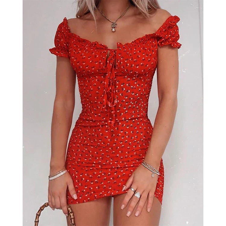 Off Shoulder Tie-Up Floral Print Ruffle Floral Dress