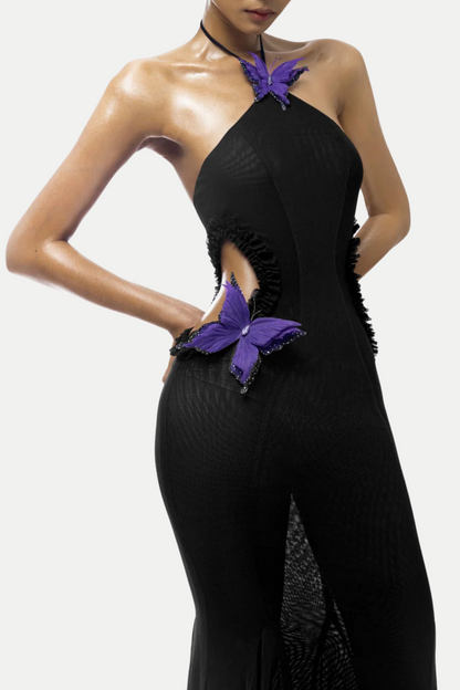 Hiroshi Butterfly Halter Cutout Mesh Maxi Dress - Black