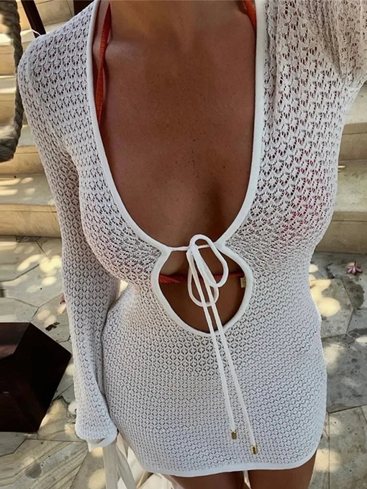 Long Flare-Sleeve Lace Mini Dress