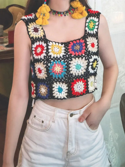 Floral Printed Hollow Crochet Knitted Crop Top