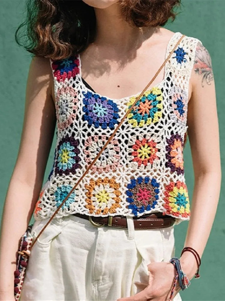 Floral Printed Hollow Crochet Knitted Crop Top