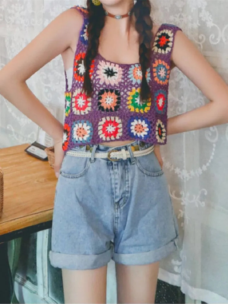Floral Printed Hollow Crochet Knitted Crop Top