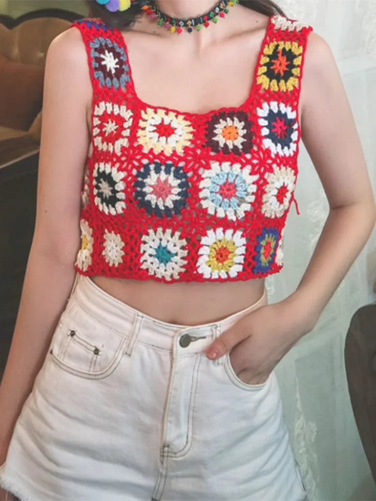 Floral Printed Hollow Crochet Knitted Crop Top