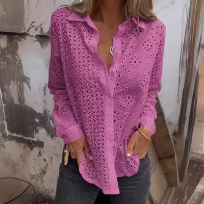 Hollow Out Cotton Floral Embroidery Long Sleeve Boho Blouse