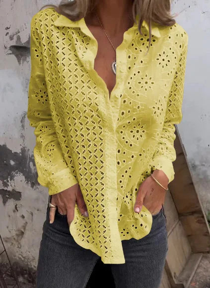 Hollow Out Cotton Floral Embroidery Long Sleeve Boho Blouse