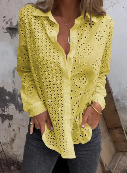 Hollow Out Cotton Floral Embroidery Long Sleeve Boho Blouse