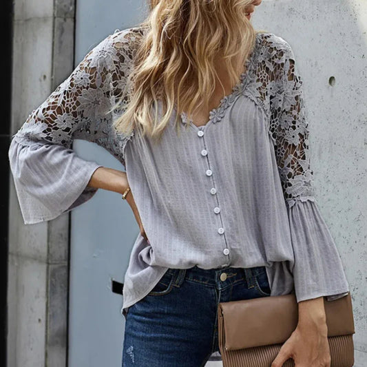 Hollow Out Deep V-Neck Flare Sleeve Boho Blouse