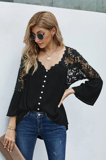 Hollow Out Deep V-Neck Flare Sleeve Boho Blouse