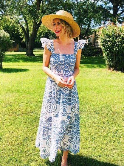Hollow Out Floral Embroidery Flying Sleeve Dress