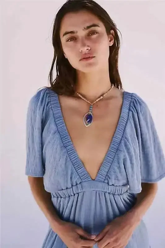 Black Embroidery Round Neck Flare Boho Dress