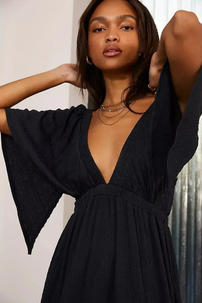 Black Embroidery Round Neck Flare Boho Dress