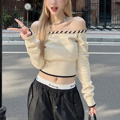 Slim Fit Korean Off-Shoulder Knitted Boat Neck Knit Top