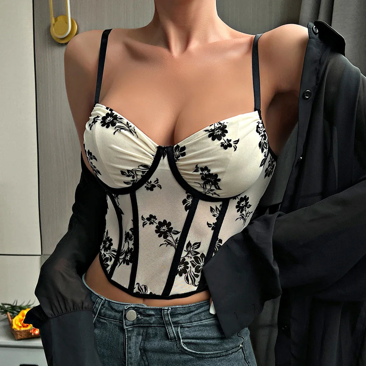 Sexy Deep V Pleated Fishbone Mesh Crop Tunic
