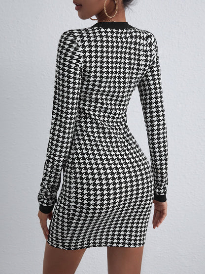 Houndstooth Print Contrast Trim V-Neck Button Front Long Sleeve Bodycon Mini Dress