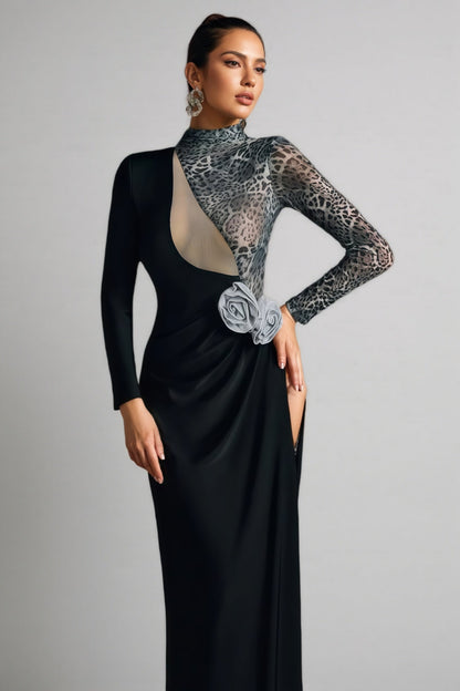 Gryixel Long Sleeve Leopard Flower Maxi Dress