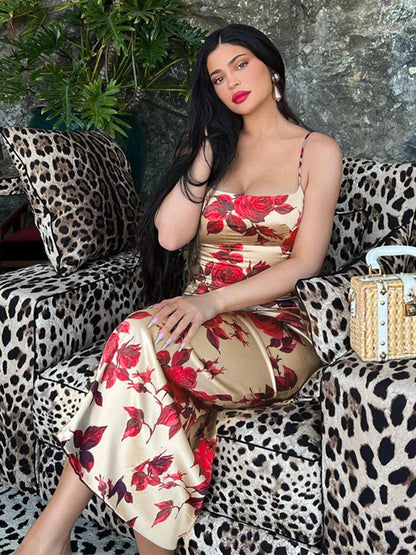 Sexy Y2K Floral Print Backless Bodycon Midi Dress
