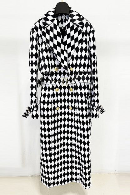 Hyrine Diamond Print Belted Trench Coat