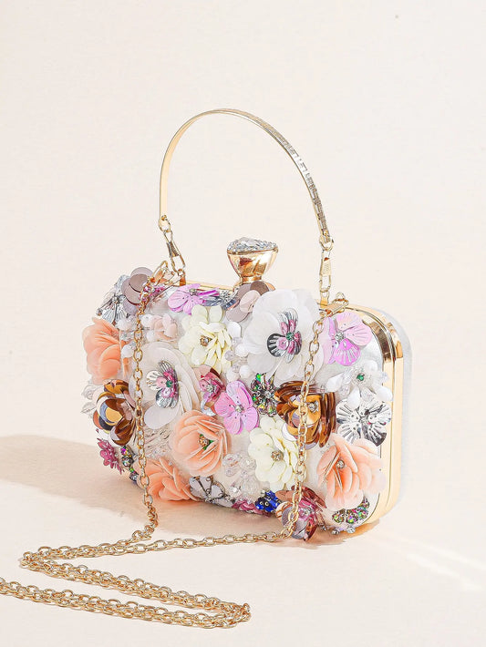Elegant Floral Beaded Clutch Evening Bag Wedding Purse