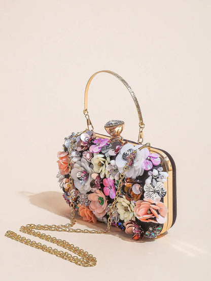 Elegant Floral Beaded Clutch Evening Bag Wedding Purse