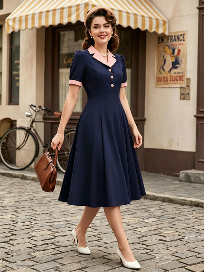1950s Vintage Lapel Collar Swing Dress Puff Short Sleeve Button Retro Rockabilly Dress