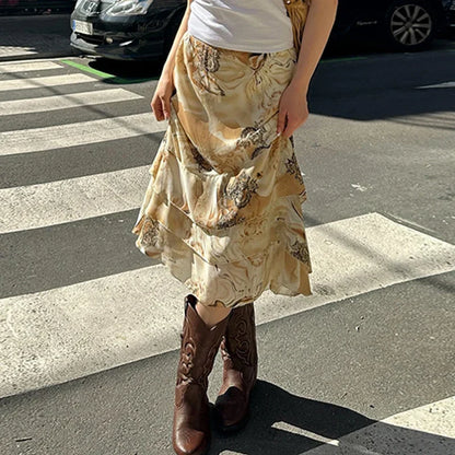 Floral Print Tiered A-Line Midi Skirt