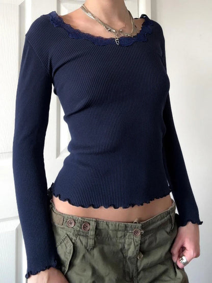 Casual Basic Lace Trim Slim Patchwork O-Neck Knit Top