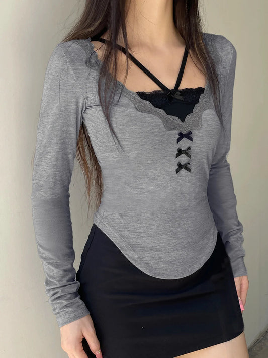 Casual Lace Trim Patchwork Fake 2 Piece Slim V-Neck Knit Top
