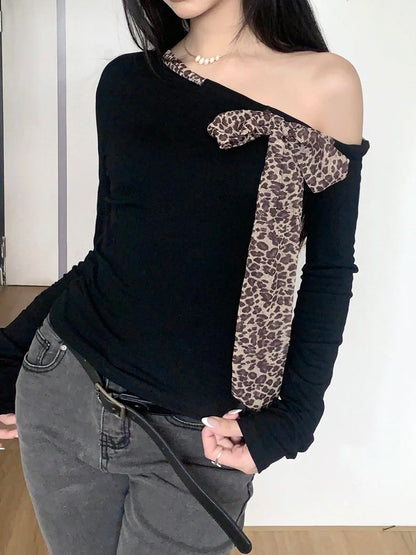 Casual Leopard Bow Slim Bandage Crew Neck Knit Top