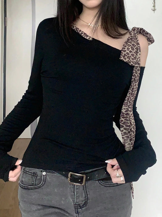 Casual Leopard Bow Slim Bandage Crew Neck Knit Top