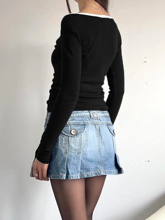 Patchwork Contrast Color Slim O-Neck Long Sleeve Knit Top